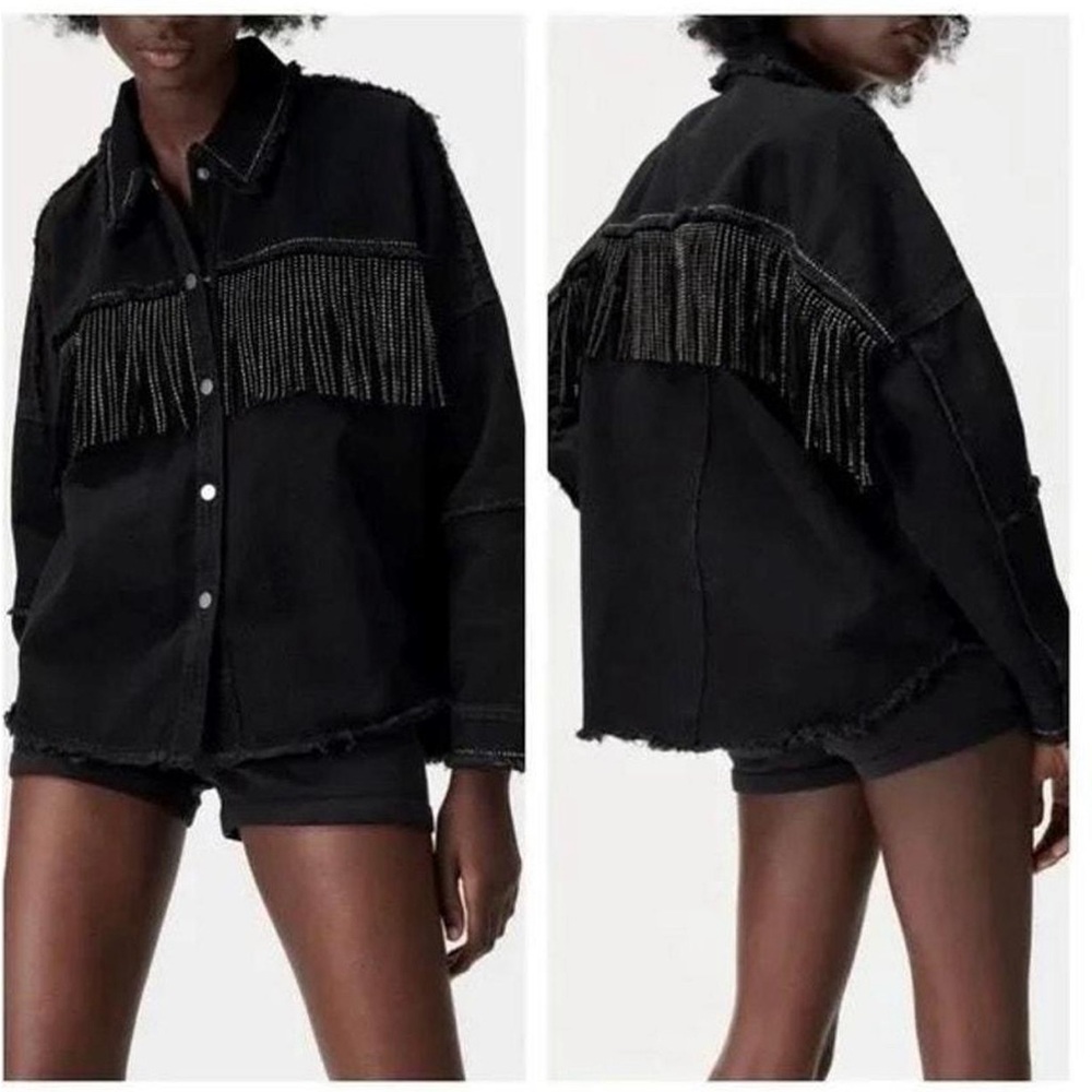 Zara black denim fringe rhinestone jacket size XS